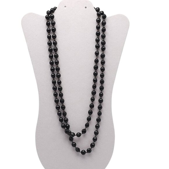 Vintage Flapper Extra Long Black Glass Faceted Beaded Necklace No Clasp 54 in - Picture 1 of 6